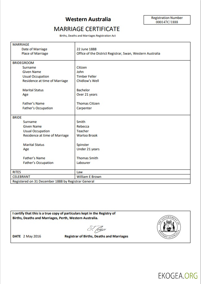 Modèle de certificat de mariage Australie Australie occidentale au format Word